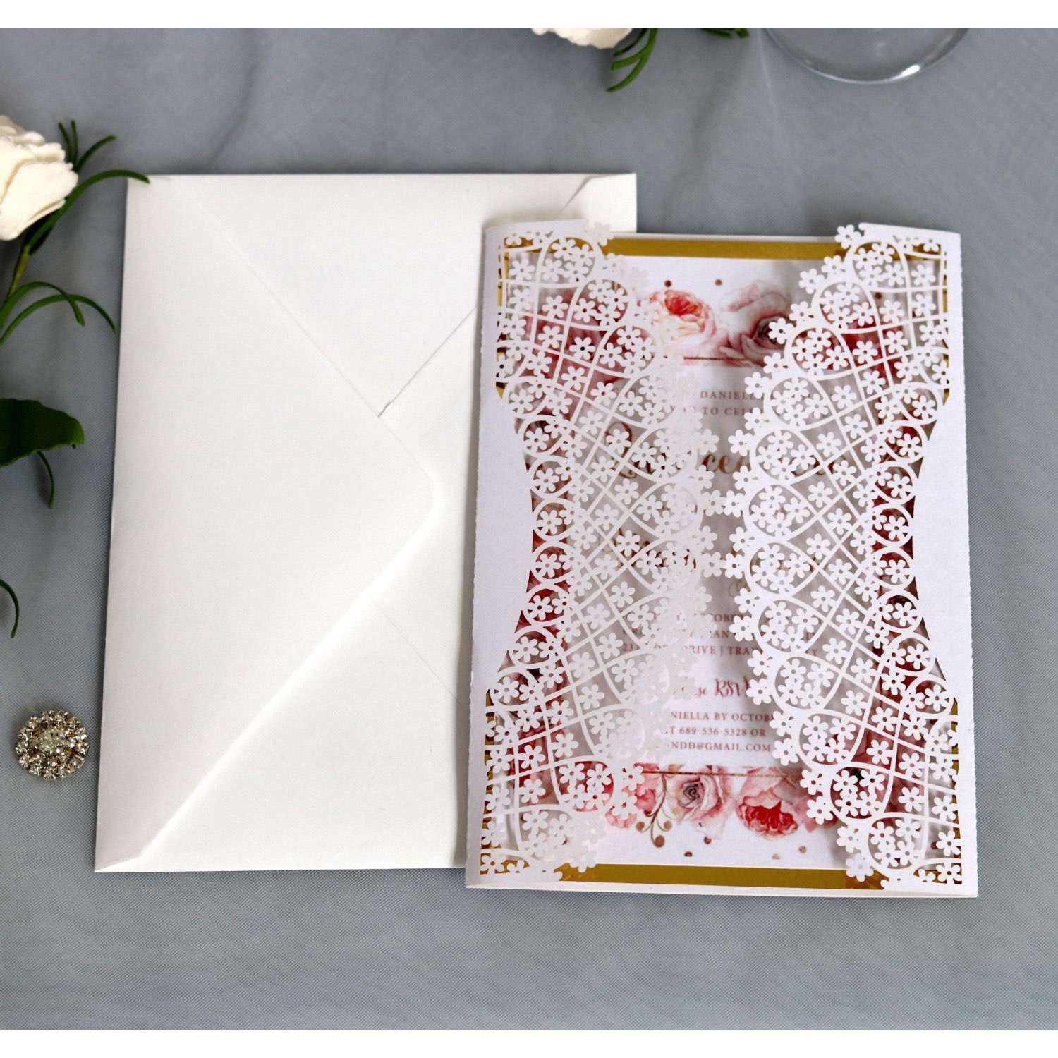 White New Wedding Card Snowflake Lace Laser Cut Iridescent Paper 